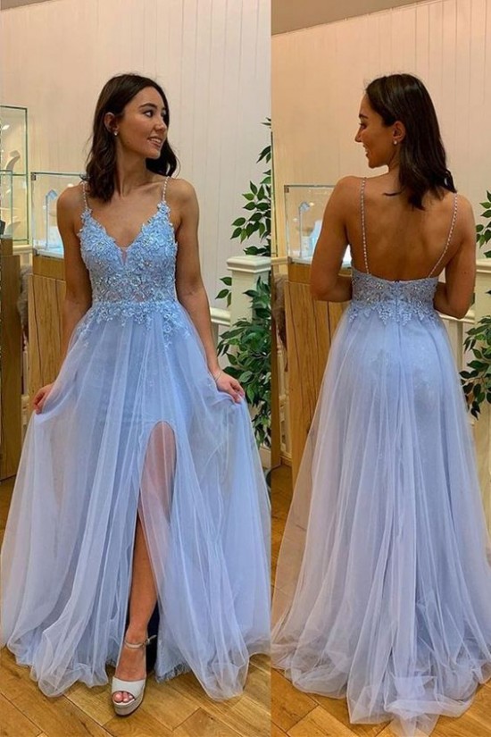 A-Line Lace Tulle V-Neck Long Prom Dresses Formal Evening Gowns 601895