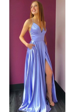 A-Line V-Neck Long Prom Dresses Formal Evening Gowns With Pockets 601897