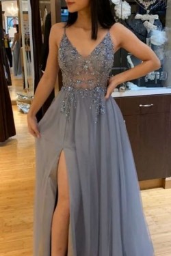 A-Line Beaded Long Prom Dresses Formal Evening Gowns 601898