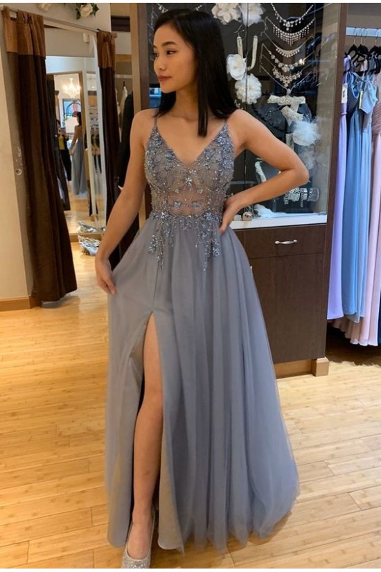 A-Line Beaded Long Prom Dresses Formal Evening Gowns 601898