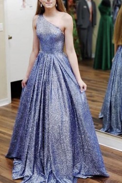 A-Line One Shoulder Long Prom Dresses Formal Evening Gowns 601899