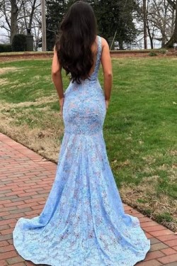 Mermaid Lace V-Neck Long Prom Dresses Formal Evening Gowns 601902