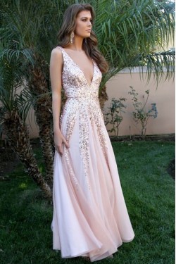A-Line V-Neck Beaded Long Prom Dresses Formal Evening Gowns 601915