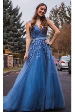 A-Line Beaded Lace V-Neck Long Prom Dresses Formal Evening Gowns 601916