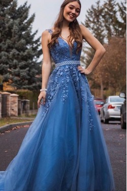 A-Line Beaded Lace V-Neck Long Prom Dresses Formal Evening Gowns 601916