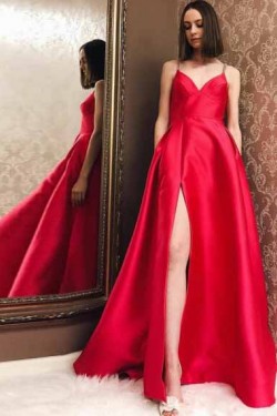 A-Line Long Pink V-Neck Long Prom Dresses Formal Evening Gowns 601919