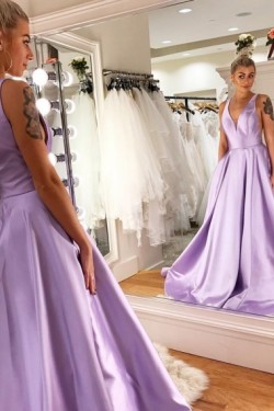 A-Line V-Neck Long Satin Prom Dresses Formal Evening Gowns 601921