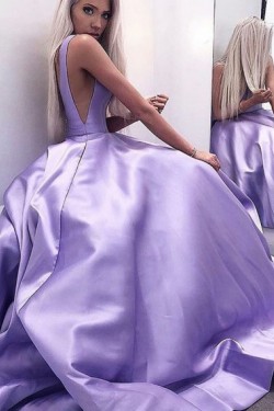 A-Line V-Neck Long Satin Prom Dresses Formal Evening Gowns 601921