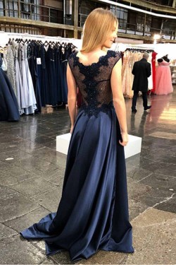 A-Line Lace V-Neck Long Prom Dresses Formal Evening Gowns 601922