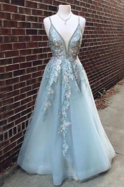 A-Line V-Neck Long Prom Dresses Formal Evening Gowns 601924