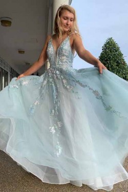A-Line V-Neck Long Prom Dresses Formal Evening Gowns 601924
