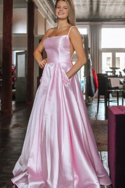 A-Line Spaghetti Straps Satin Long Prom Dresses Formal Evening Gowns 601927