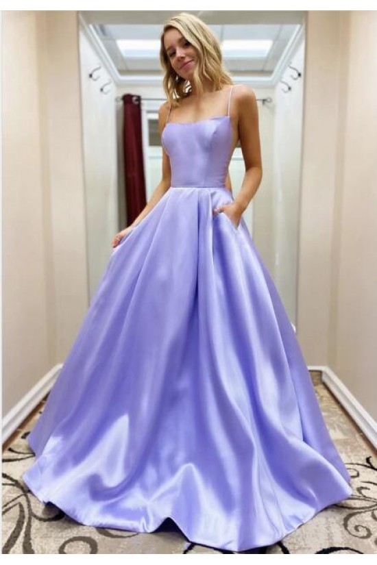 A-Line Spaghetti Straps Satin Long Prom Dresses Formal Evening Gowns 601927