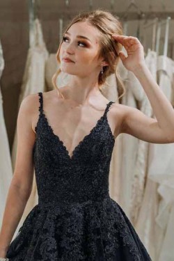A-Line Spaghetti Straps Long Black Prom Dresses Formal Evening Gowns 601928