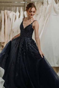 A-Line Spaghetti Straps Long Black Prom Dresses Formal Evening Gowns 601928