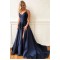 A-Line Long Navy Satin V-Neck Prom Dresses Formal Evening Gowns 601930