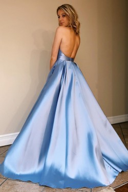 A-Line Backless V-Neck Long Prom Dresses Formal Evening Gowns 601938
