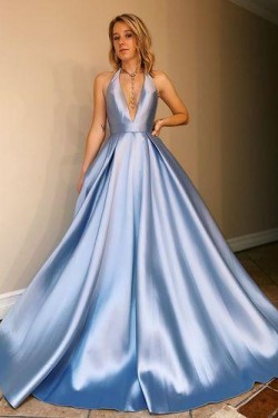 A-Line Backless V-Neck Long Prom Dresses Formal Evening Gowns 601938