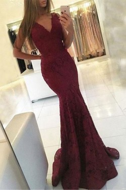 Mermaid Lace V-Neck Long Prom Dresses Formal Evening Gowns 601939