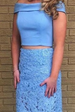 Elegant Two Pieces Off-the-Shoulder Lace Appliques Long Prom Dresses Formal Evening Gowns 601940