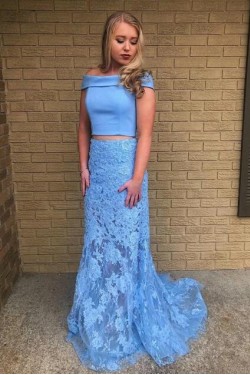 Elegant Two Pieces Off-the-Shoulder Lace Appliques Long Prom Dresses Formal Evening Gowns 601940