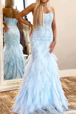 Mermaid Strapless Lace Tulle Long Prom Dresses Formal Evening Gowns 601943