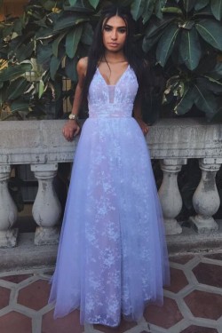 A-Line Lace Tulle Long Prom Dresses Formal Evening Gowns 601948