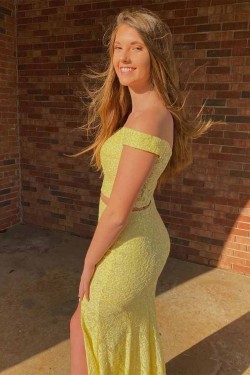 Long Yellow Two Pieces Lace Prom Dresses Formal Evening Gowns 601957