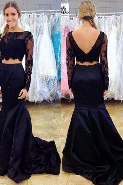 Long Sleeves Lace Satin Two Pieces Prom Dresses Formal Evening Gowns 601959