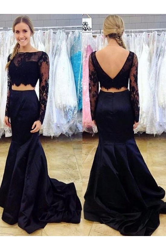 Long Sleeves Lace Satin Two Pieces Prom Dresses Formal Evening Gowns 601959 Long Sleeves Lace Satin Two Pieces Prom Dresses Formal Evening Gowns 601959