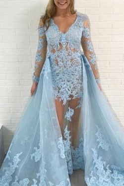 Long Sleeves Lace V-Neck Prom Dresses Formal Evening Gowns 601962