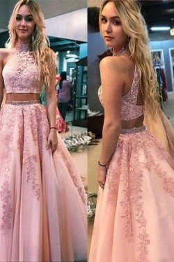 A-Line Beaded Lace Two Pieces Long Prom Dresses Formal Evening Gowns 601964