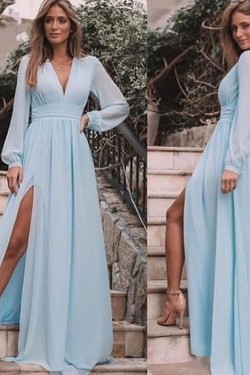 A-Line Chiffon Long Sleeves V-Neck Formal Evening Dresses Party Gowns 601966