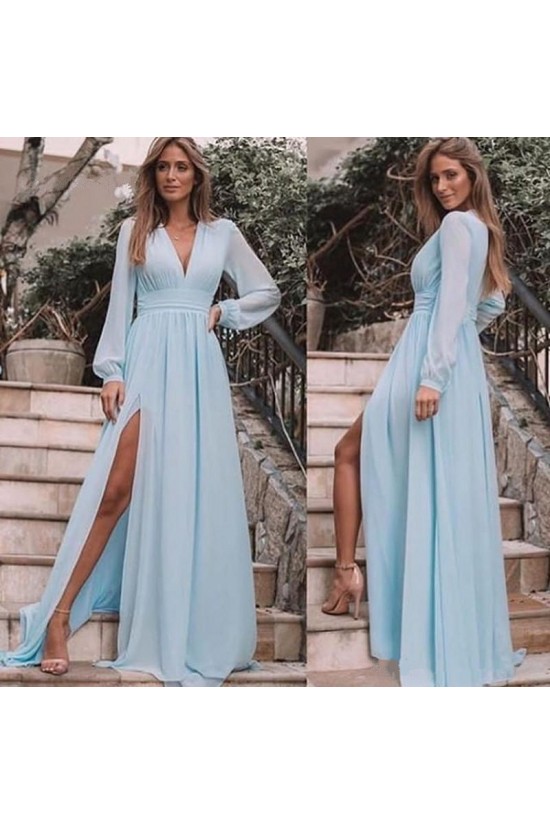 A-Line Chiffon Long Sleeves V-Neck Formal Evening Dresses Party Gowns 601966 A-Line Chiffon Long Sleeves V-Neck Formal Evening Dresses Party Gowns 601966
