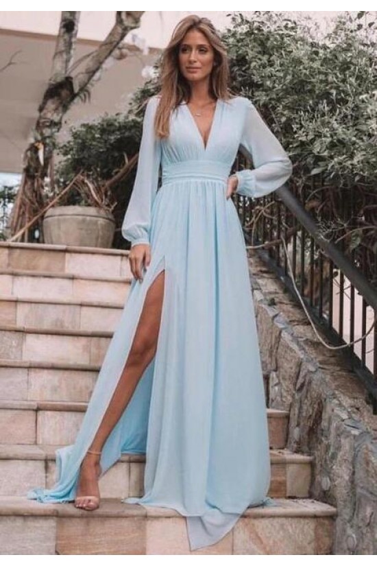 A-Line Chiffon Long Sleeves V-Neck Formal Evening Dresses Party Gowns 601966 A-Line Chiffon Long Sleeves V-Neck Formal Evening Dresses Party Gowns 601966