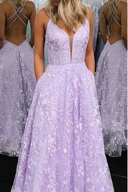 A-Line Lace Long Prom Dresses Formal Evening Gowns 601968