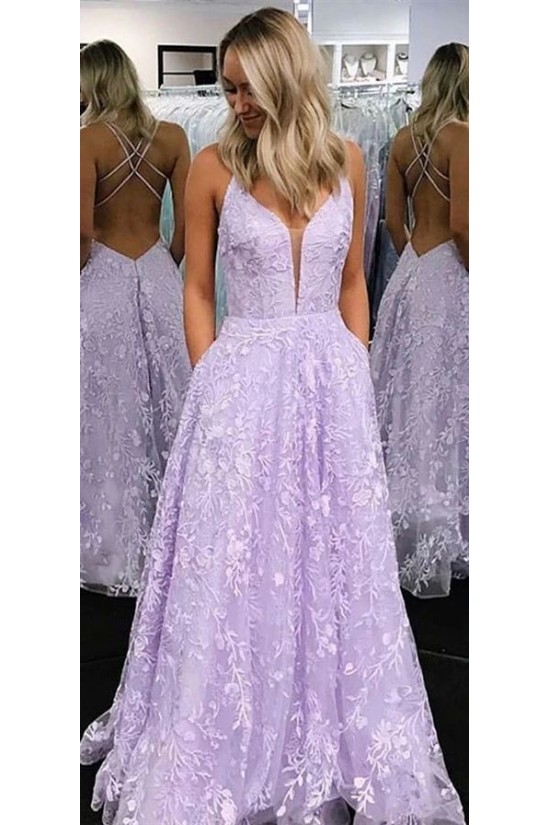 A-Line Lace Long Prom Dresses Formal Evening Gowns 601968