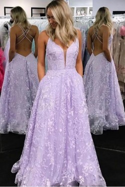 A-Line Lace Long Prom Dresses Formal Evening Gowns 601968