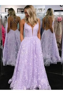 A-Line Lace Long Prom Dresses Formal Evening Gowns 601968