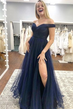 A-Line Off-the-Shoulder Tulle Long Prom Dresses Formal Evening Gowns 601969