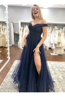 A-Line Off-the-Shoulder Tulle Long Prom Dresses Formal Evening Gowns 601969