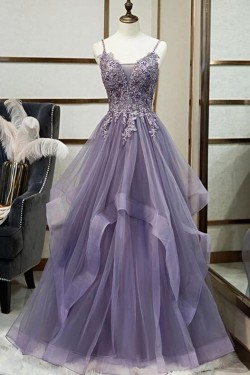 A-Line Tulle Lace Long Prom Dresses Formal Evening Gowns 601971