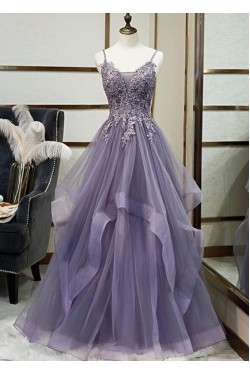 A-Line Tulle Lace Long Prom Dresses Formal Evening Gowns 601971