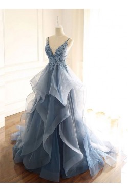 A-Line Tulle Lace Long Prom Dresses Formal Evening Gowns 601972