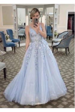 A-Line Tulle Lace V-Neck Long Prom Dresses Formal Evening Gowns 601973