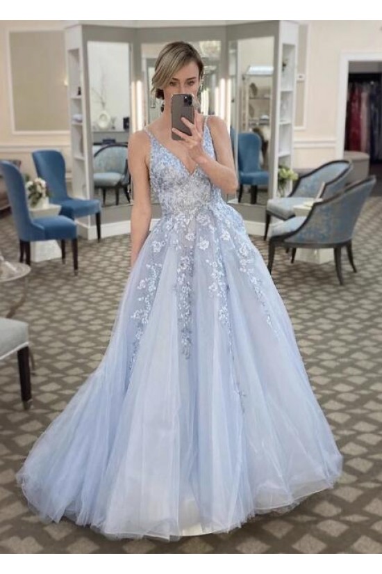 A-Line Tulle Lace V-Neck Long Prom Dresses Formal Evening Gowns 601973 A-Line Tulle Lace V-Neck Long Prom Dresses Formal Evening Gowns 601973