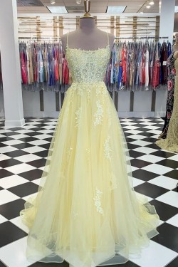 A-Line Tulle and Lace Long Prom Dresses Formal Evening Gowns 601978
