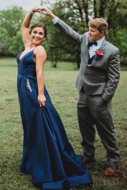 A-Line V-Neck Long Prom Dresses Formal Evening Gowns 601989