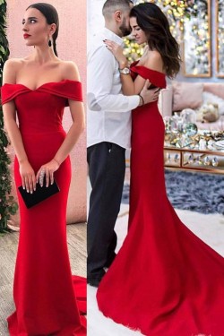 Mermaid Long Red Off-the-Shoulder Prom Dresses Formal Evening Gowns 601993