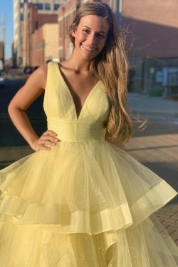 A-Line Long Yellow V-Neck Prom Dresses Formal Evening Gowns 601994